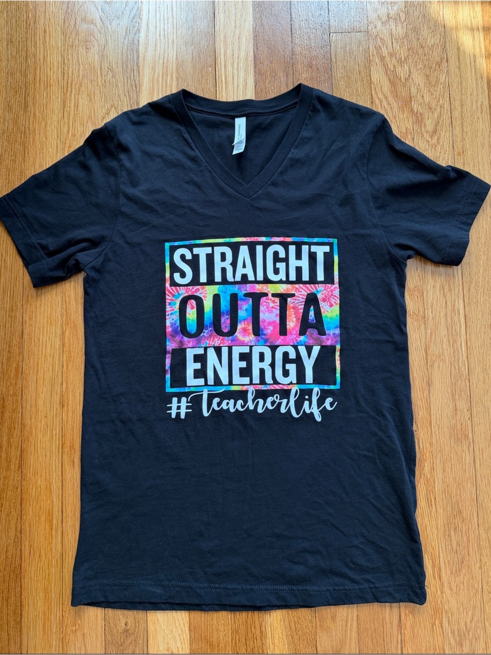 Bella Canvas Black V-Neck Teacher Graphic Tee “Straight Outta Energy” EUC Size M